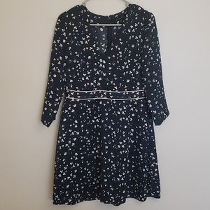 Banana Republic A-line navy satin dress w/ floral pattern. Size 4. 3/4 sleeves.